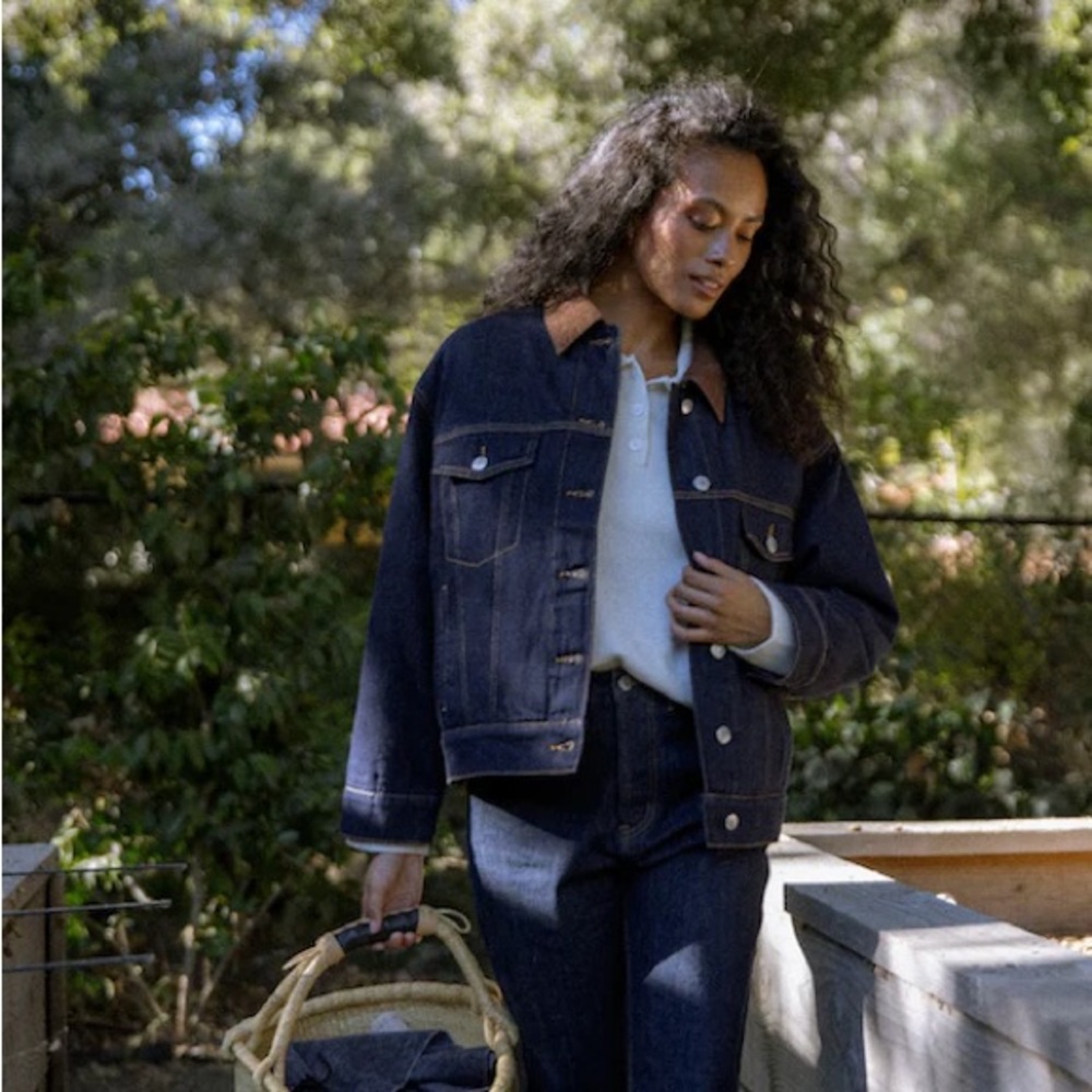 Dark Indigo Denim Jacket with Contrast Collar - Women